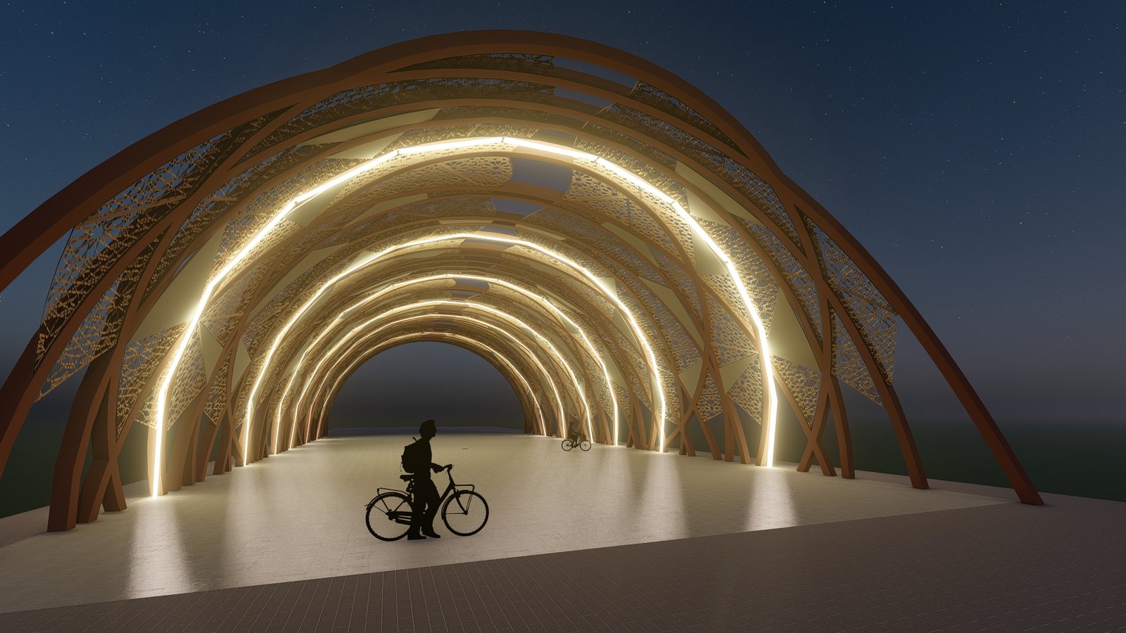 Ribbon Canopy pedestrian walkway at night